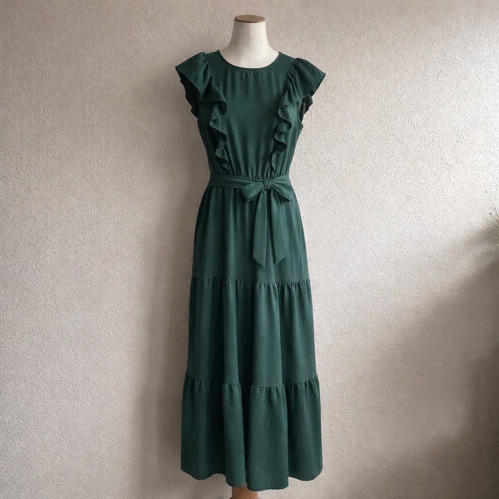 SHEIN Clasi Emerald Green Ruffle Maxi Dress Size M 6 Stretch Polyester